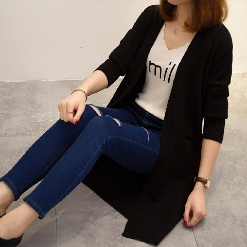 Damen Langer Strickcardigan mit offenen Vorderteilen und tiefen Taschen Drune
