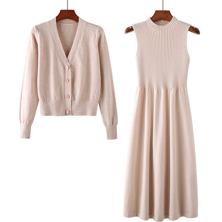 Damen Strickkleid mit passendem Cardigan und Rippenstruktur Drune