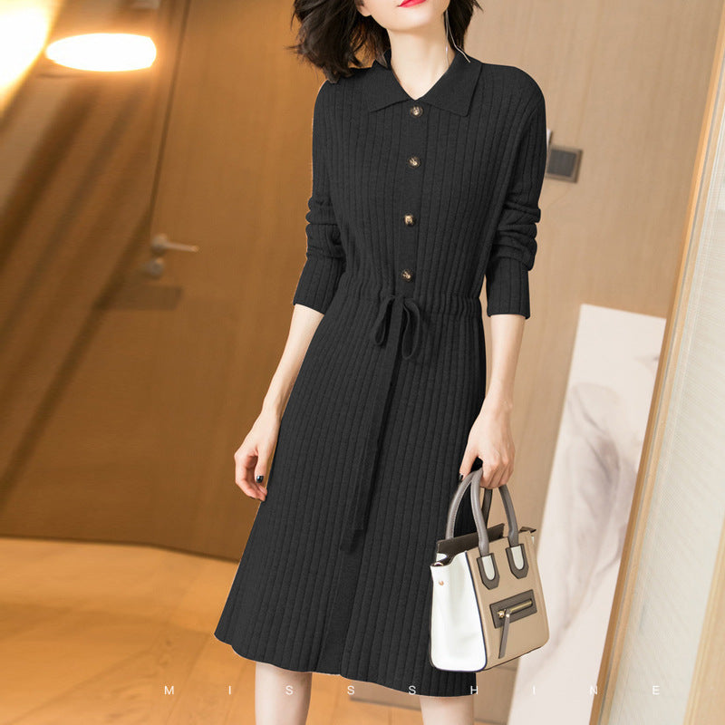 Damen Strickkleid mit Knopfleiste und Taillengürtel Drune