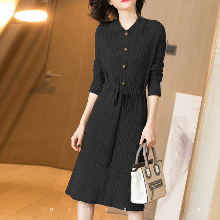 Damen Strickkleid mit Knopfleiste und Taillengürtel Drune