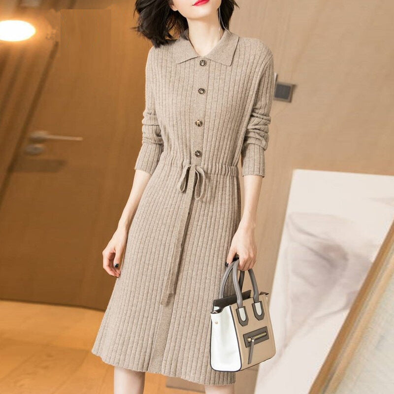 Damen Strickkleid mit Knopfleiste und Taillengürtel Drune