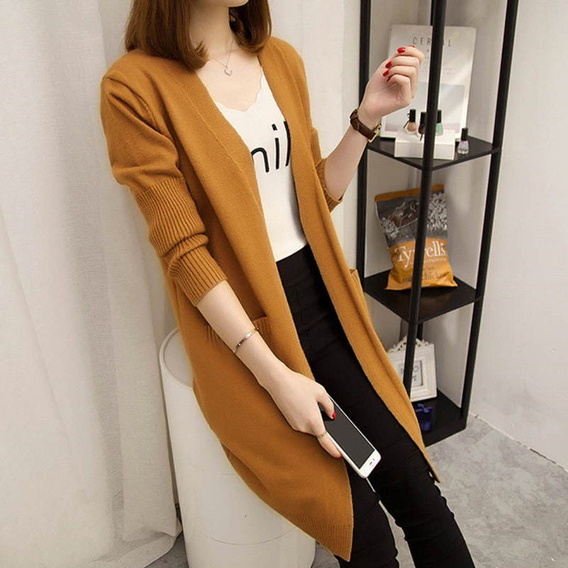 Damen Langer Strickcardigan mit offenen Vorderteilen und tiefen Taschen Drune