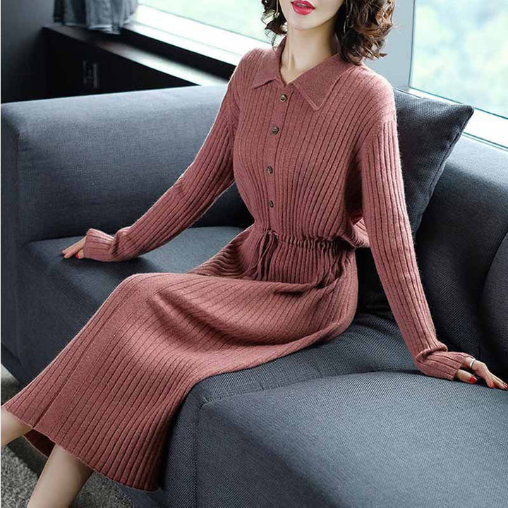 Damen Strickkleid mit Knopfleiste und Taillengürtel Drune