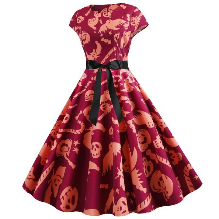 Damen Retro Swingkleid mit einzigartigem Halloween-Muster und Taillengürtel Drune