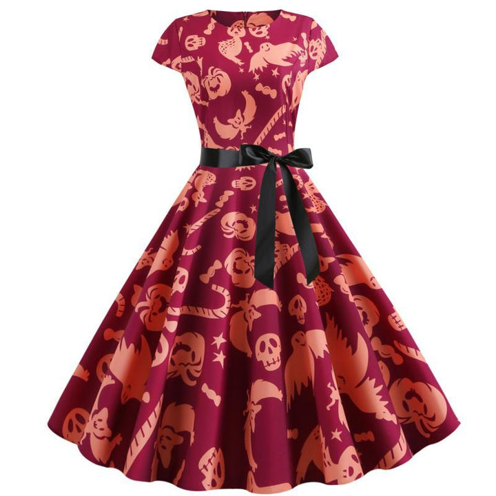 Damen Retro Swingkleid mit einzigartigem Halloween-Muster und Taillengürtel Drune