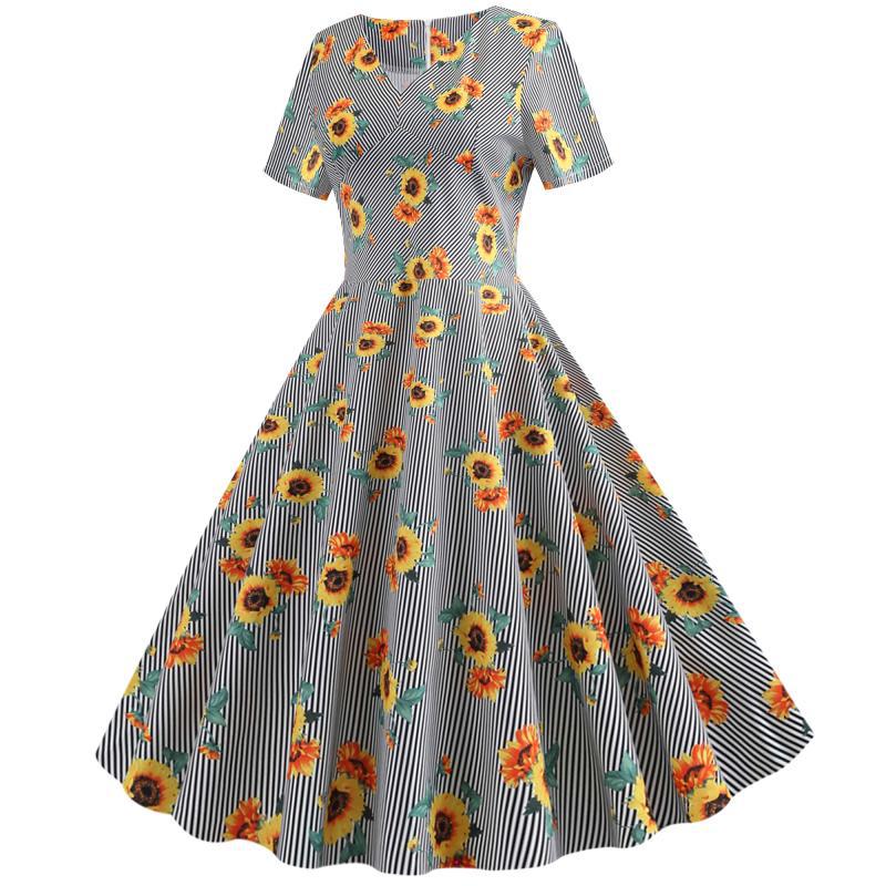 Damen Retro Swingkleid mit floralem Sonnenblumenmuster und tailliertem Schnitt Drune