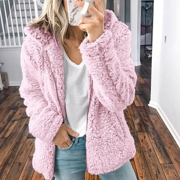 Damen nan kuschelige Teddy-Fleece Übergangsjacke mit Kapuze und Reißverschluss Drune