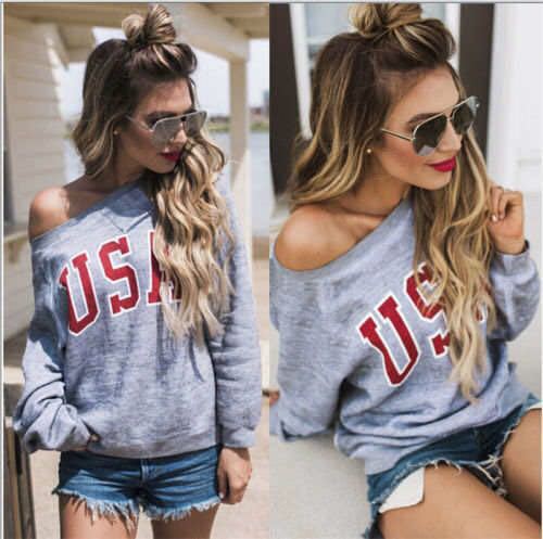 Damen Collegepullover mit lässigem Off-Shoulder Schnitt und auffälligem Schriftzug Drune