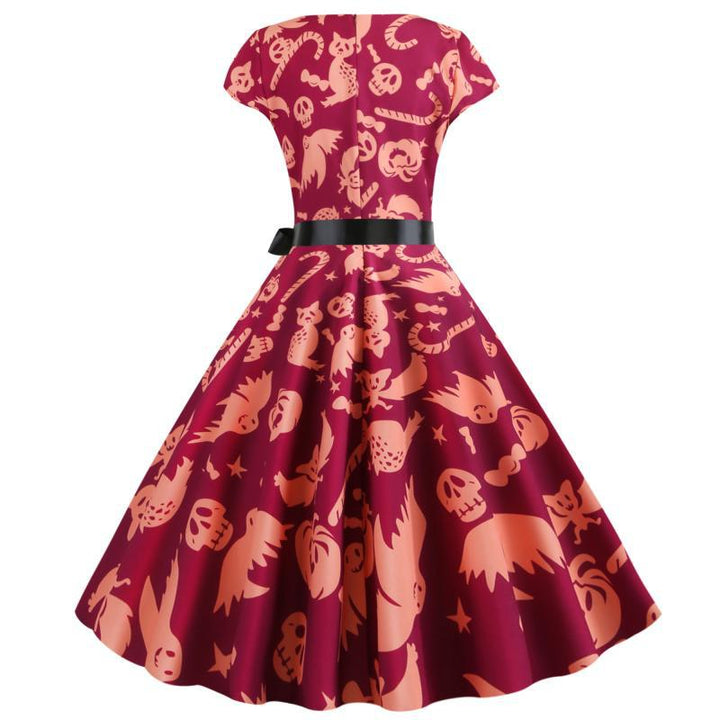Damen Retro Swingkleid mit einzigartigem Halloween-Muster und Taillengürtel Drune