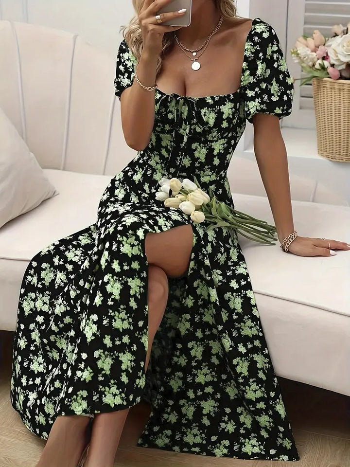 Drune | Schickes Kleid mit Puffärmeln Im A-Linien-Stil mit Blumendruck