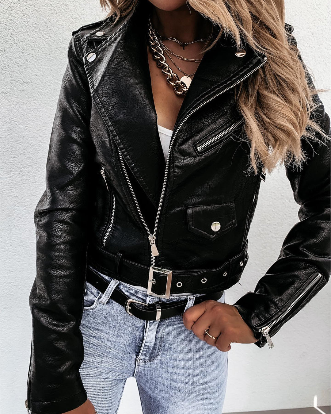 Drune | Gekürzte PU-Leder Bikerjacke mit Asymmetrischem Reißverschluss