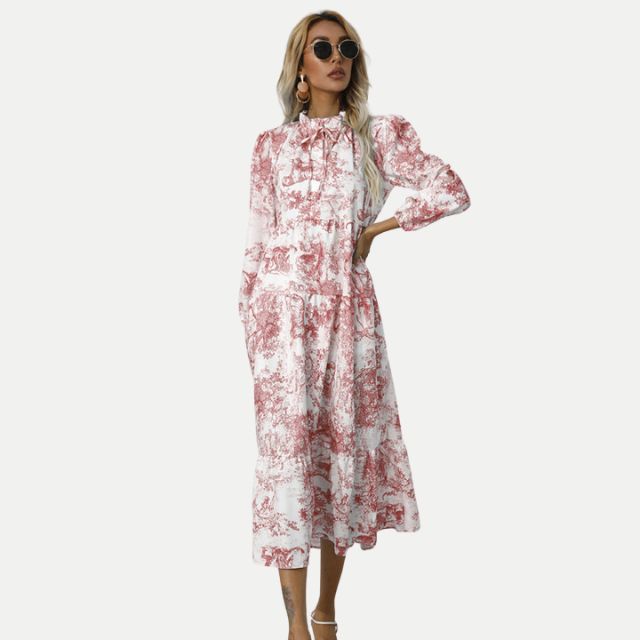 Drune | Toile-Druck Midi-Kleid mit hohem Kragen
