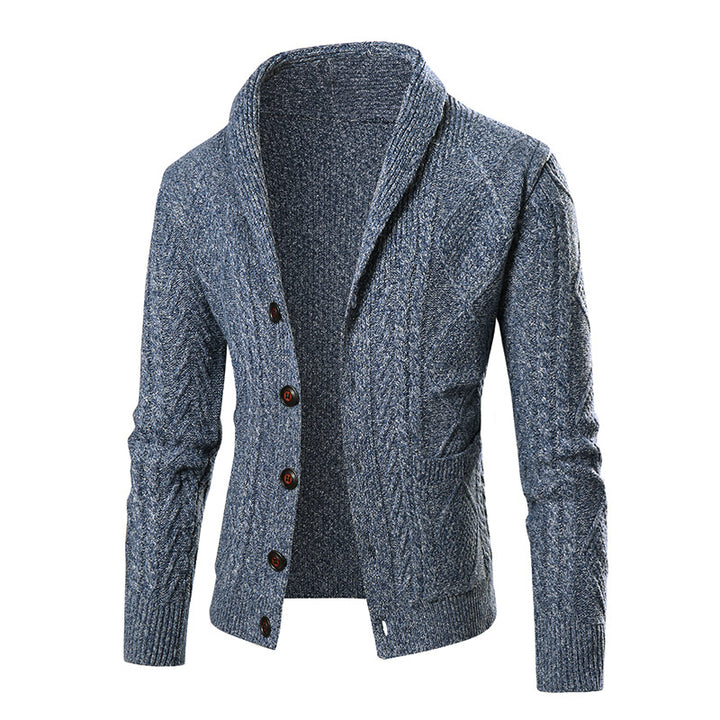 Herren Strickjacke mit modernem Zopfmuster und schickem Schalkragen Drune