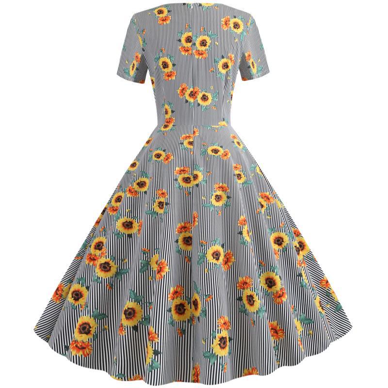 Damen Retro Swingkleid mit floralem Sonnenblumenmuster und tailliertem Schnitt Drune