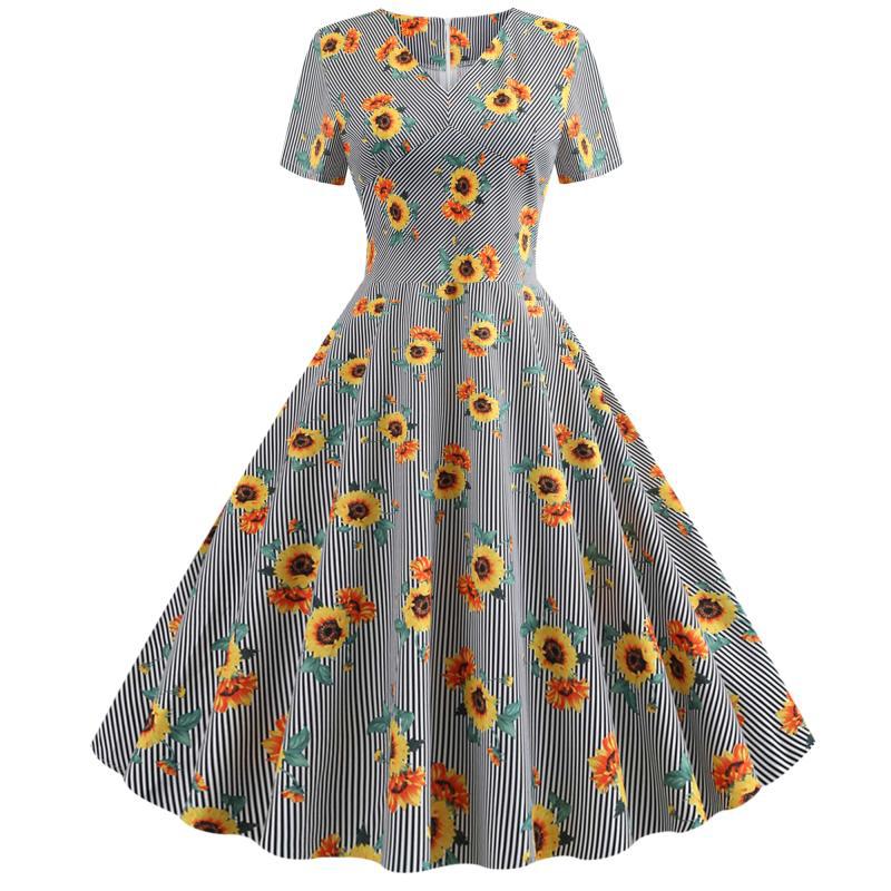 Damen Retro Swingkleid mit floralem Sonnenblumenmuster und tailliertem Schnitt Drune
