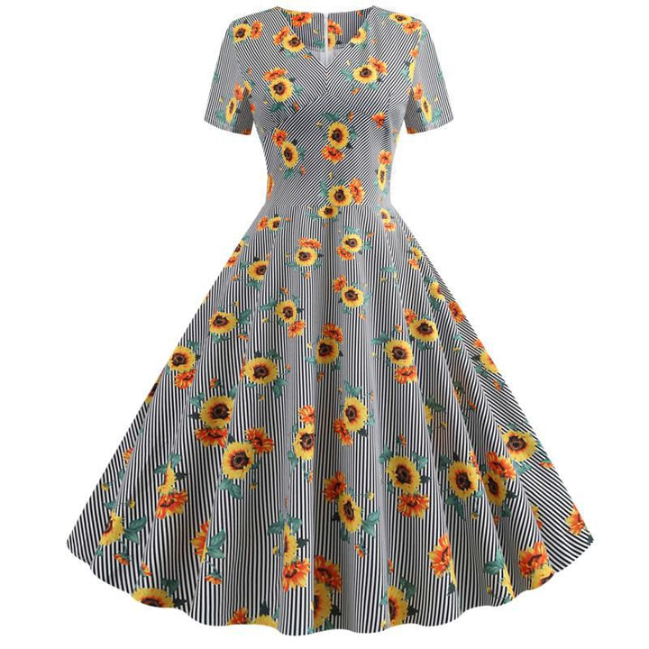 Damen Retro Swingkleid mit floralem Sonnenblumenmuster und tailliertem Schnitt Drune
