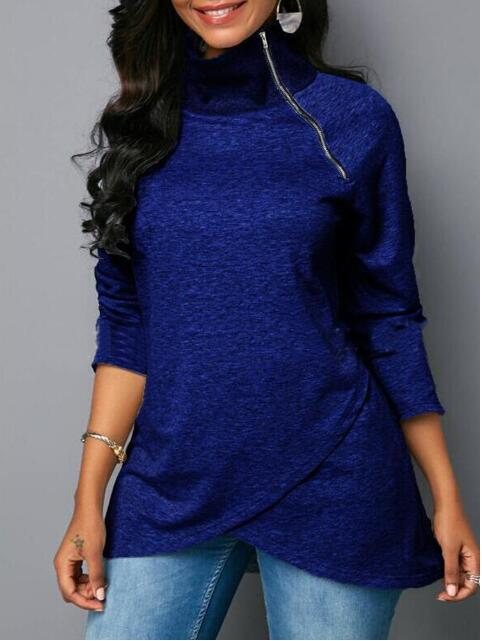 Damen lässiger Zipper-Pullover mit asymmetrischem Saum und Stehkragen Drune