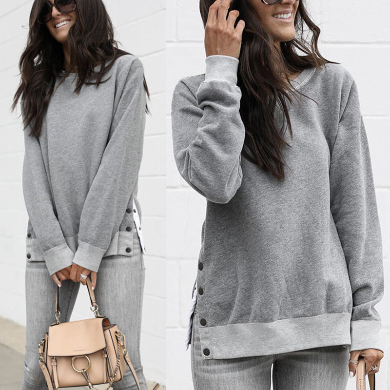 Damen lässiger Sweatpullover mit seitlichen Druckknöpfen Drune