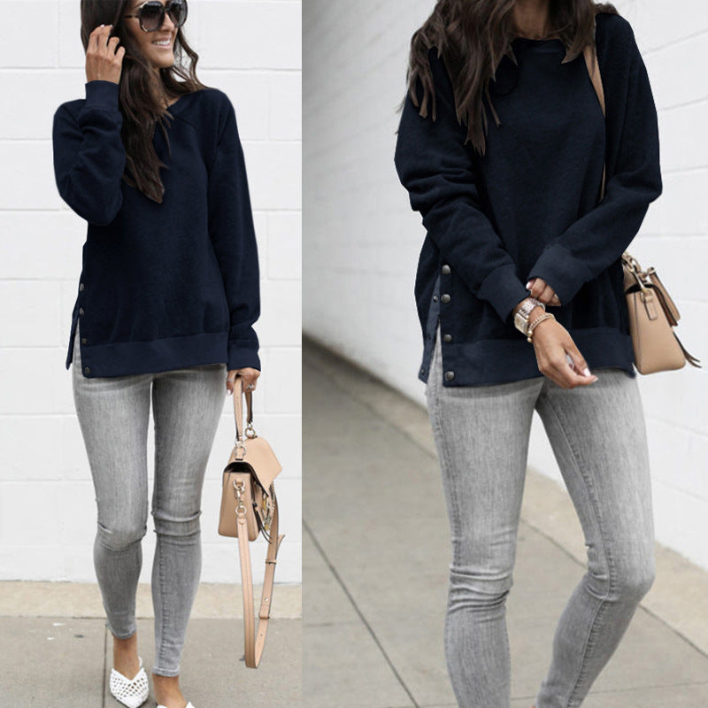 Damen lässiger Sweatpullover mit seitlichen Druckknöpfen Drune