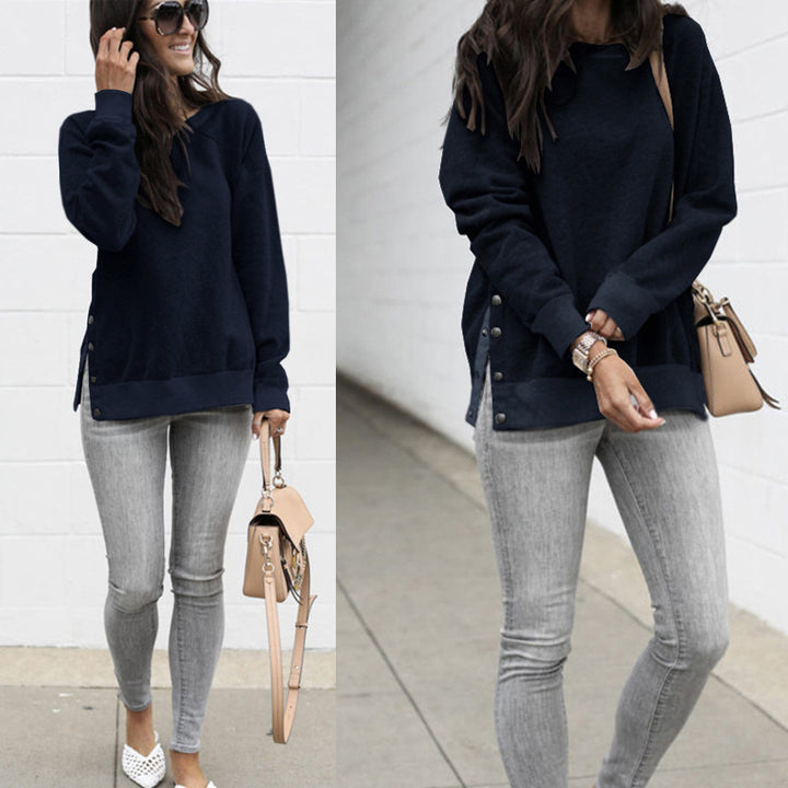 Damen lässiger Sweatpullover mit seitlichen Druckknöpfen Drune