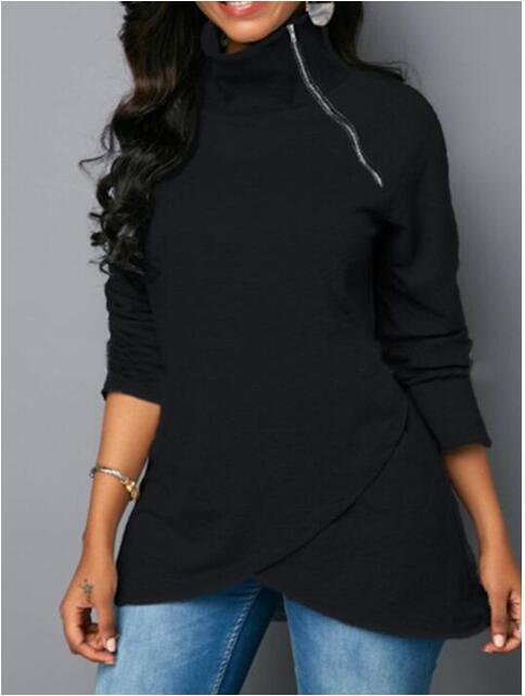 Damen lässiger Zipper-Pullover mit asymmetrischem Saum und Stehkragen Drune