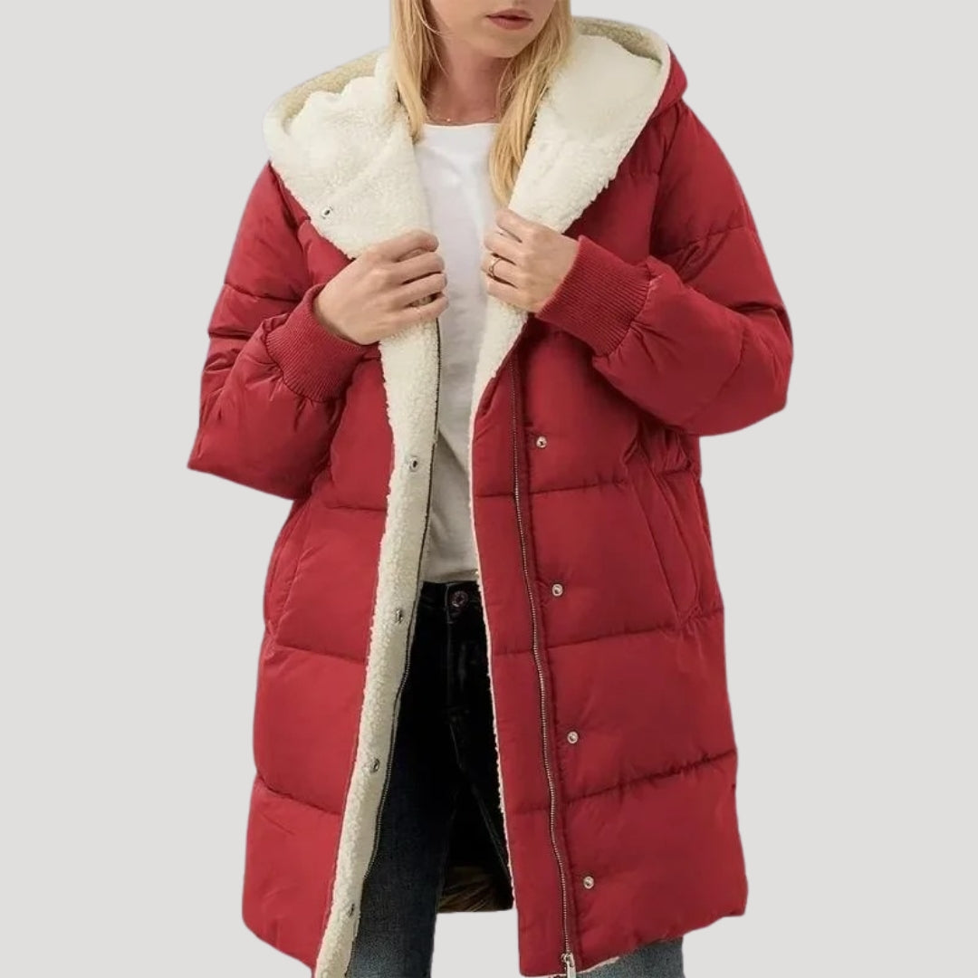 Drune | Damen langer Puffermantel – mit Kunstfell gefütterte Winterjacke
