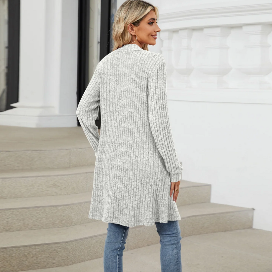 Drune | Lange Strickjacken Damen Gerippte Offene Vorderseite Jacke mit Taschen