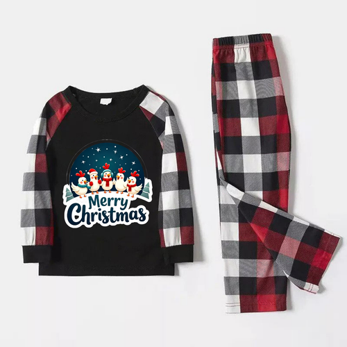 Drune | Rote und graue karierten Weihnachts-Pyjamas mit glücklichen Hühnern und 