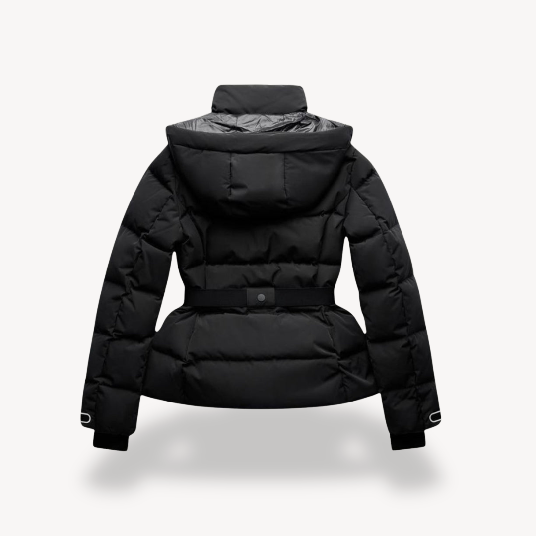 Drune | Damen Schwarze Pufferjacke mit Gürteltaille und Hohem Kragen