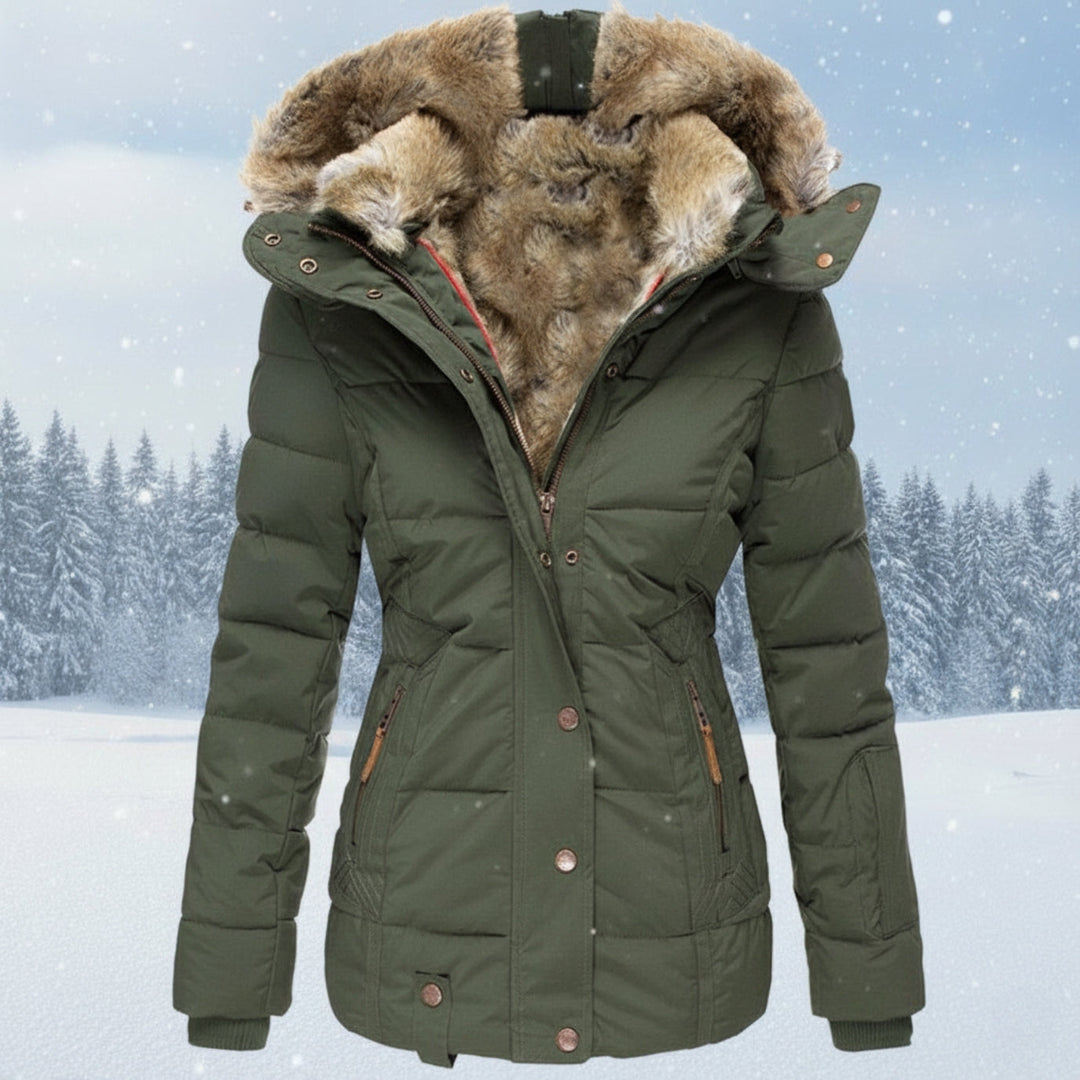 Drune | Damen Winter Parka mit Kunstpelzkapuze - Warmer isolierter Puffer-Mantel in Marineblau | Steppjacke mit samtigem Futter