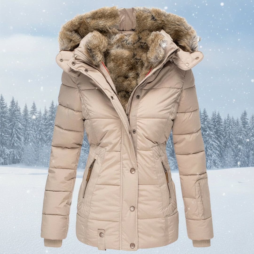 Drune | Damen Winter Parka mit Kunstpelzkapuze - Warmer isolierter Puffer-Mantel in Marineblau | Steppjacke mit samtigem Futter
