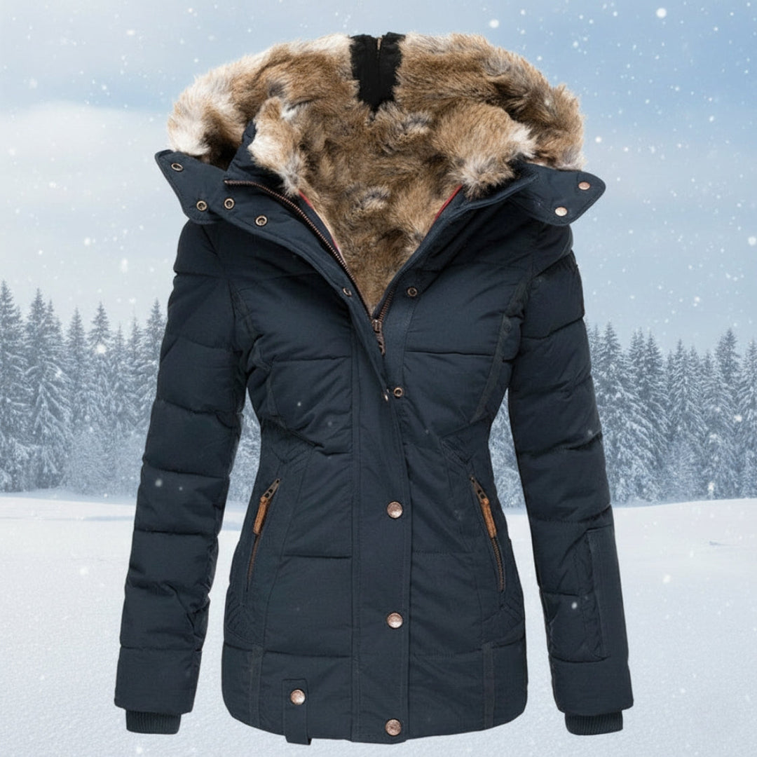 Drune | Damen Winter Parka mit Kunstpelzkapuze - Warmer isolierter Puffer-Mantel in Marineblau | Steppjacke mit samtigem Futter