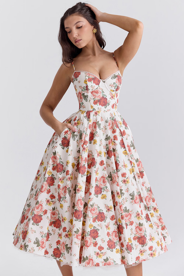 Drune | A-linie Midi Kleid Spaghetti Träger Spitzen Detail Elegante Formelle Kleidung