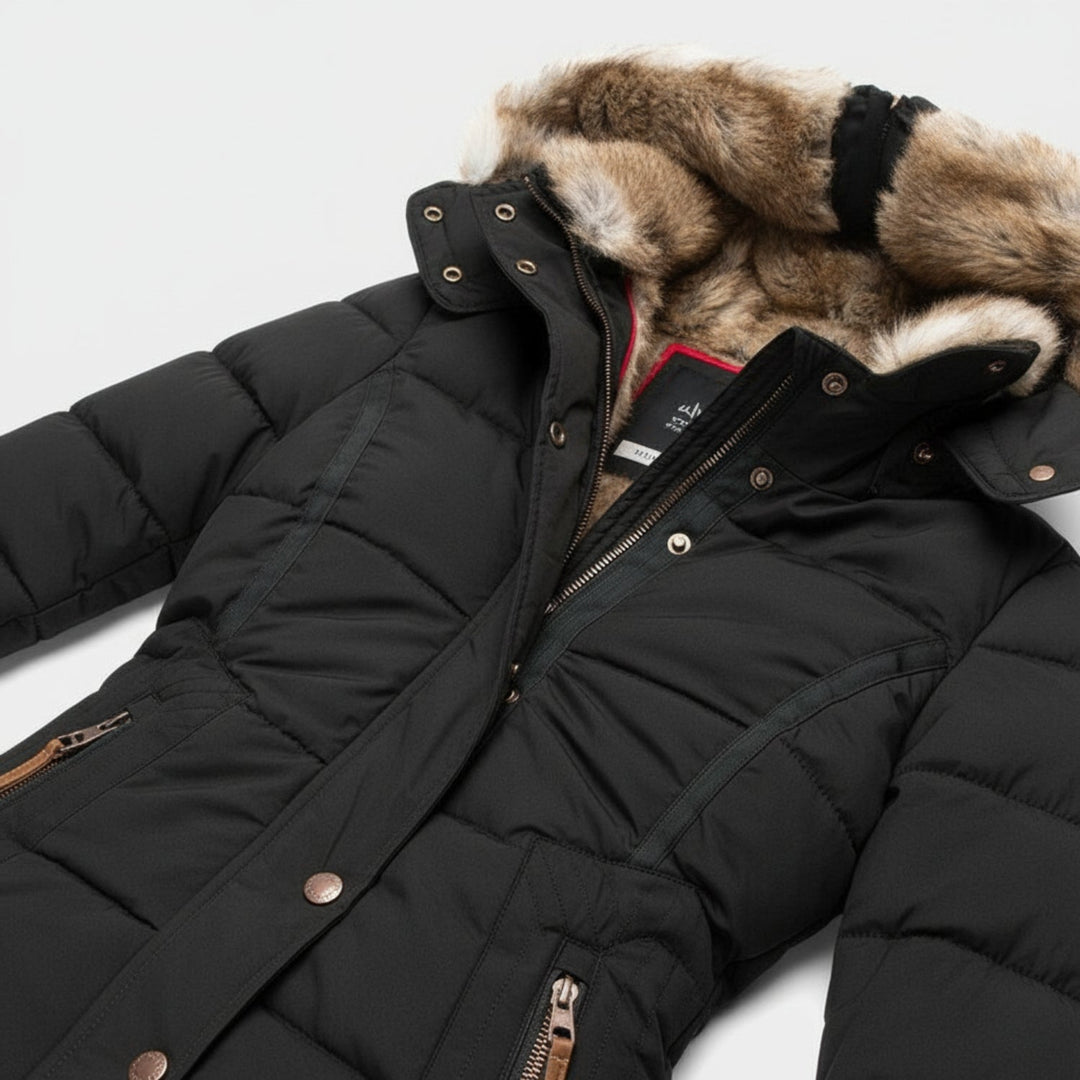 Drune | Damen Winter Parka mit Kunstpelzkapuze - Warmer isolierter Puffer-Mantel in Marineblau | Steppjacke mit samtigem Futter