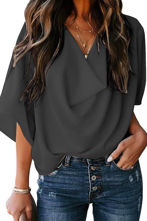 Drune | Rosiedress Cowl Neck Kurzarm Drapiert Chiffon Shirt
