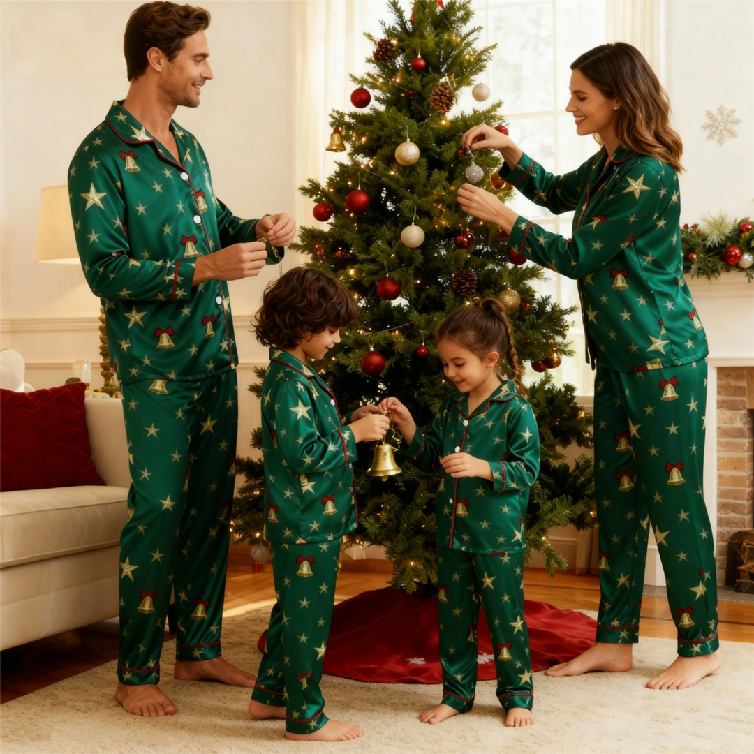 Drune | Feiertagsfamilie Button-Down Grünes Satin Weihnachts-Pyjama-Set
