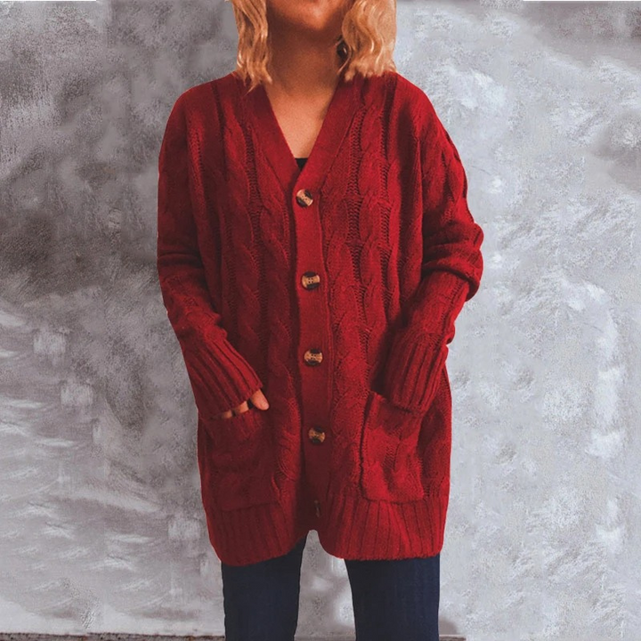 Drune | Wollstrickjacke Damen Mit Zopfmuster Und Holzknöpfen, Lockere