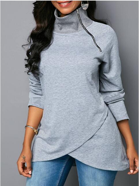 Damen lässiger Zipper-Pullover mit asymmetrischem Saum und Stehkragen Drune