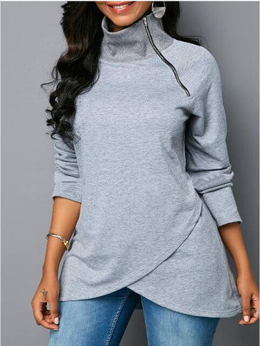 Damen lässiger Zipper-Pullover mit asymmetrischem Saum und Stehkragen Drune
