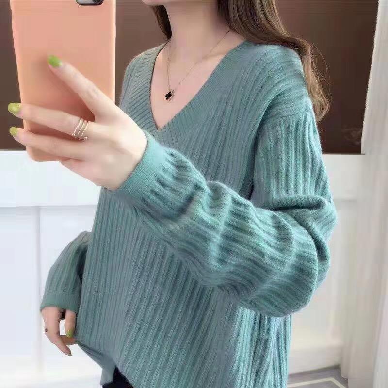 Damen V-Ausschnitt Strickpullover mit feiner Rippstruktur und lässigem Schnitt Drune