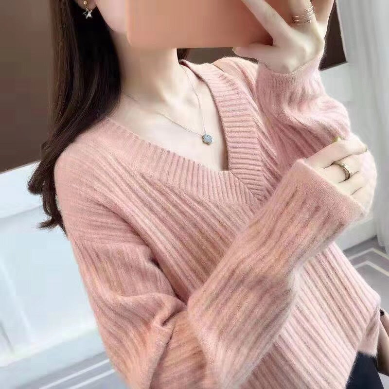 Damen V-Ausschnitt Strickpullover mit feiner Rippstruktur und lässigem Schnitt Drune