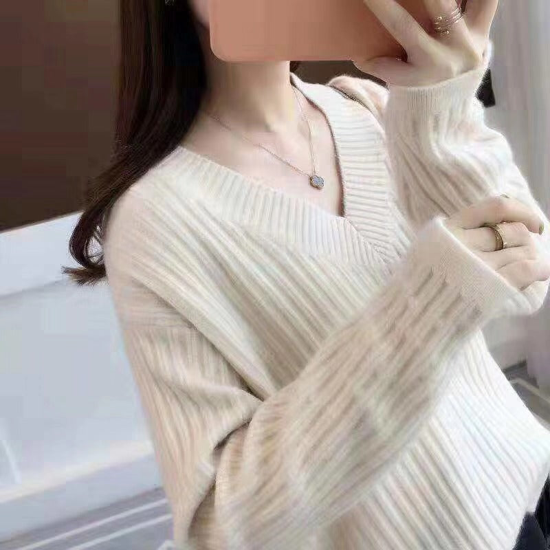 Damen V-Ausschnitt Strickpullover mit feiner Rippstruktur und lässigem Schnitt Drune