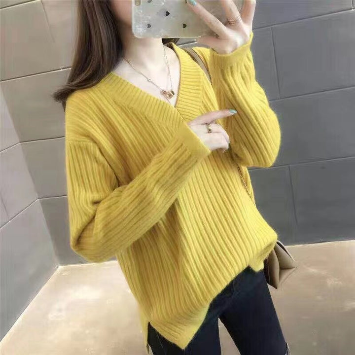 Damen V-Ausschnitt Strickpullover mit feiner Rippstruktur und lässigem Schnitt Drune