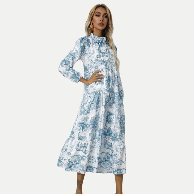 Drune | Toile-Druck Midi-Kleid mit hohem Kragen
