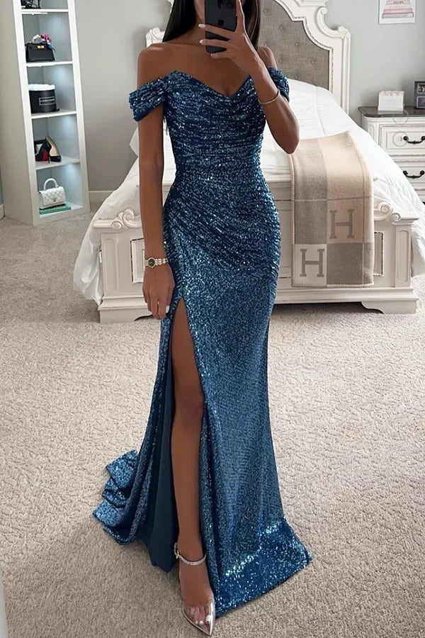 Drune | Pailletten Off-Shoulder Raffung Schlitz Abend Maxi Kleid