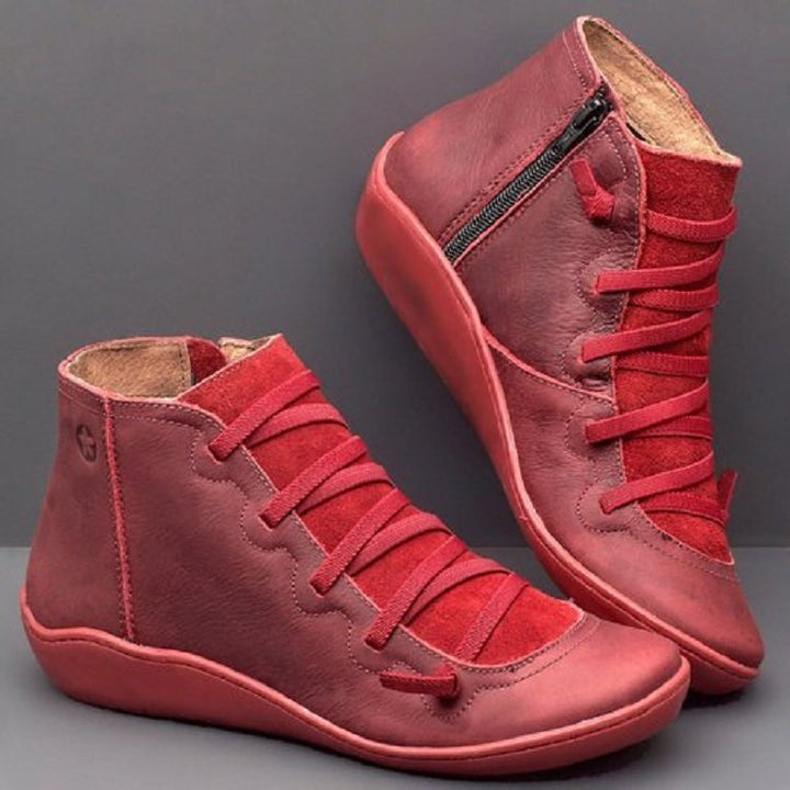 Damen nan knöchelhohe Leder-Stiefelette mit seitlichem Reißverschluss, elastischer Schnürung und gepolstertem Fußbett Drune