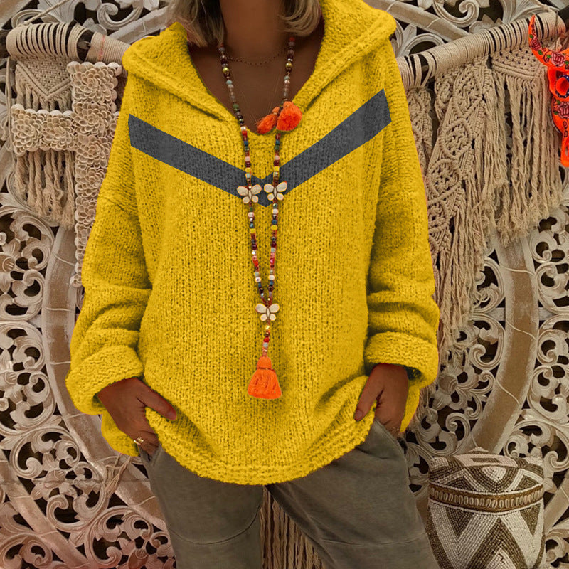 Damen Grobstrick Pullover mit Kapuze und dekorativem Detail Drune