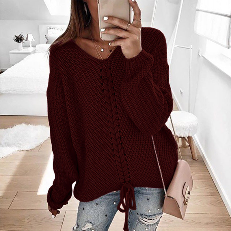 Damen Großer Strickpullover mit tiefem V-Ausschnitt und dekorativem Kordeldetail Drune