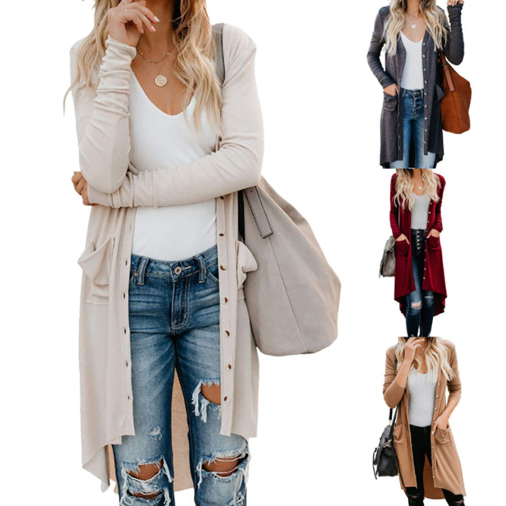 Damen langer Cardigan mit Knopfleiste und Taschen Drune