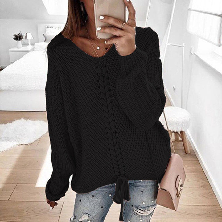 Damen Großer Strickpullover mit tiefem V-Ausschnitt und dekorativem Kordeldetail Drune